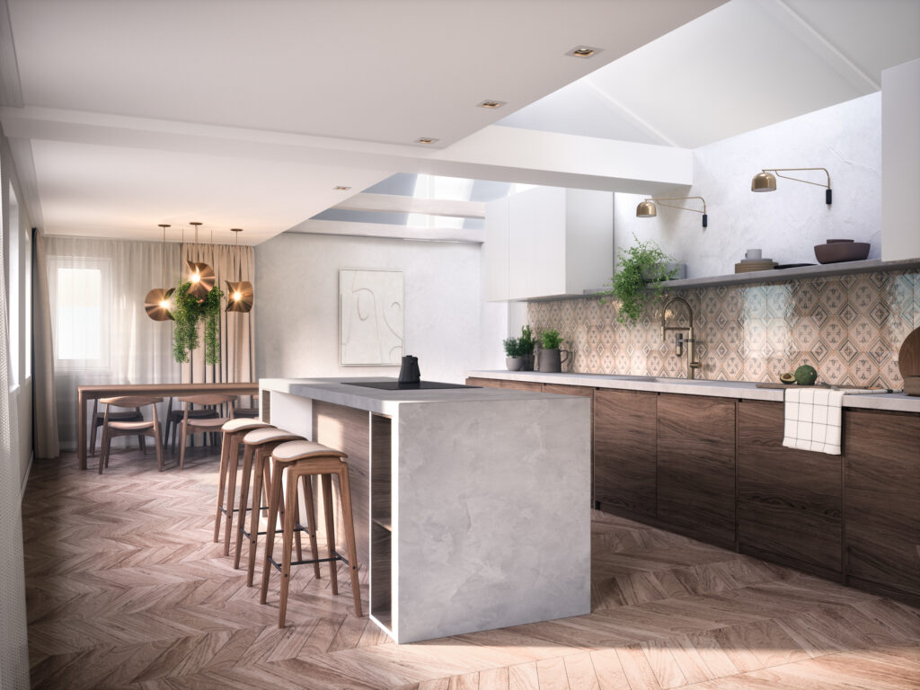 Interieurvisualisierung der von uns entworfenen Einrichtung eines Penthouses in Paderborn.